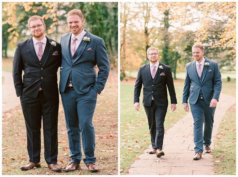 Groom and best man walking outside at an Autumn wedding at Oakley Hall