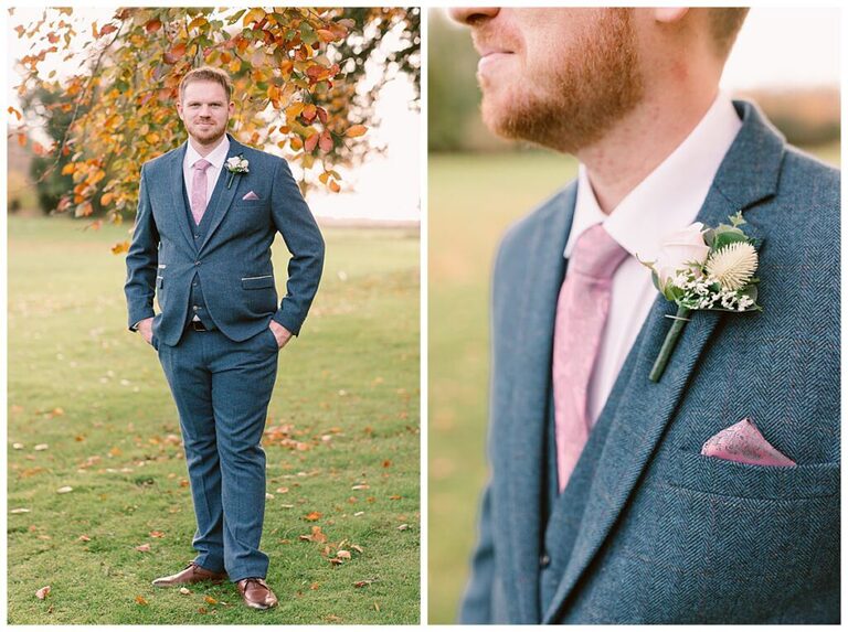Groom stood outside for his Autumn wedding at Oakley Hall