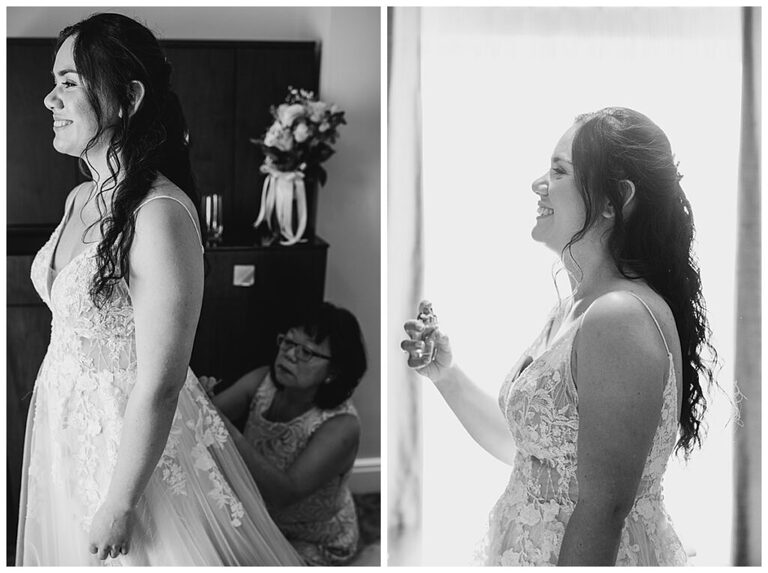 Black and White photo of Bride getting ready for wedding at Oakley Hall