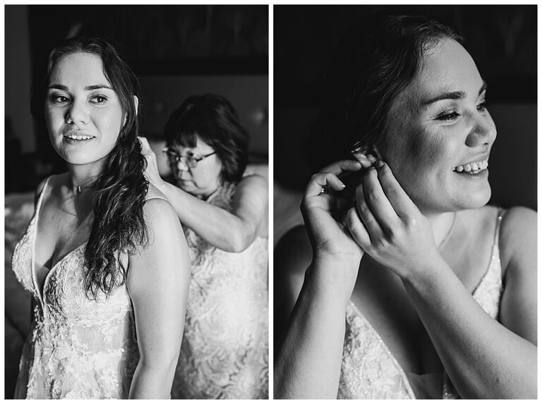 Black and White photo of Bride getting ready for wedding at Oakley Hall