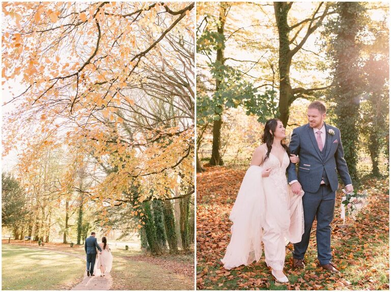 Bride and Groom walking at their Autumn Wedding at Oakley Hall