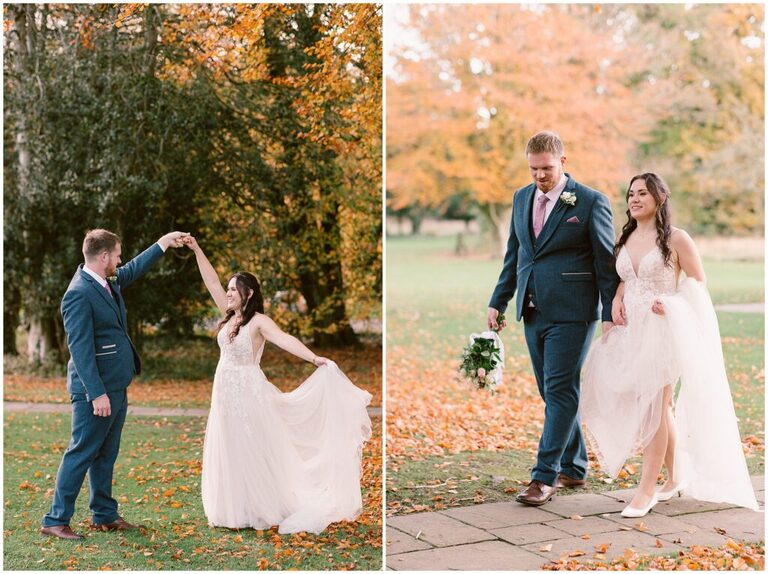 Bride and Groom Autumn Wedding at Oakley Hall