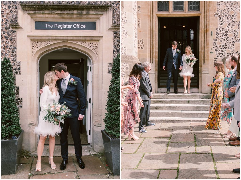 Bride and groom exiting the ceremony at their Intimate Wedding at Winchester Registry Office