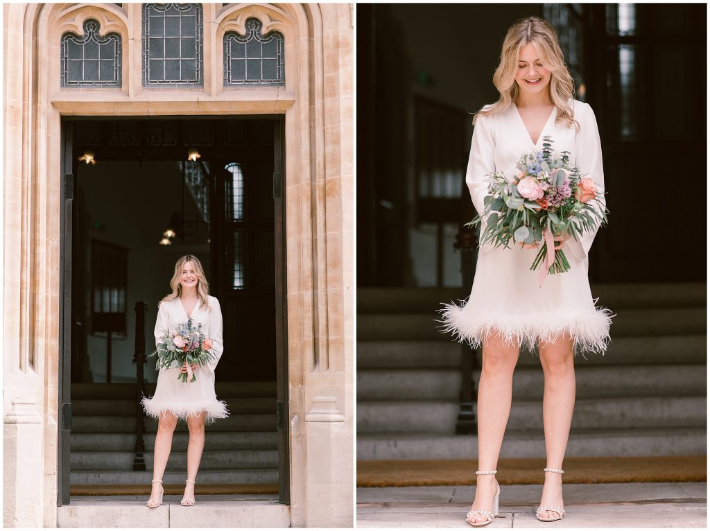 Elegant bride in her chic, short ruffled wedding dress at her Wedding at Winchester Registry Office