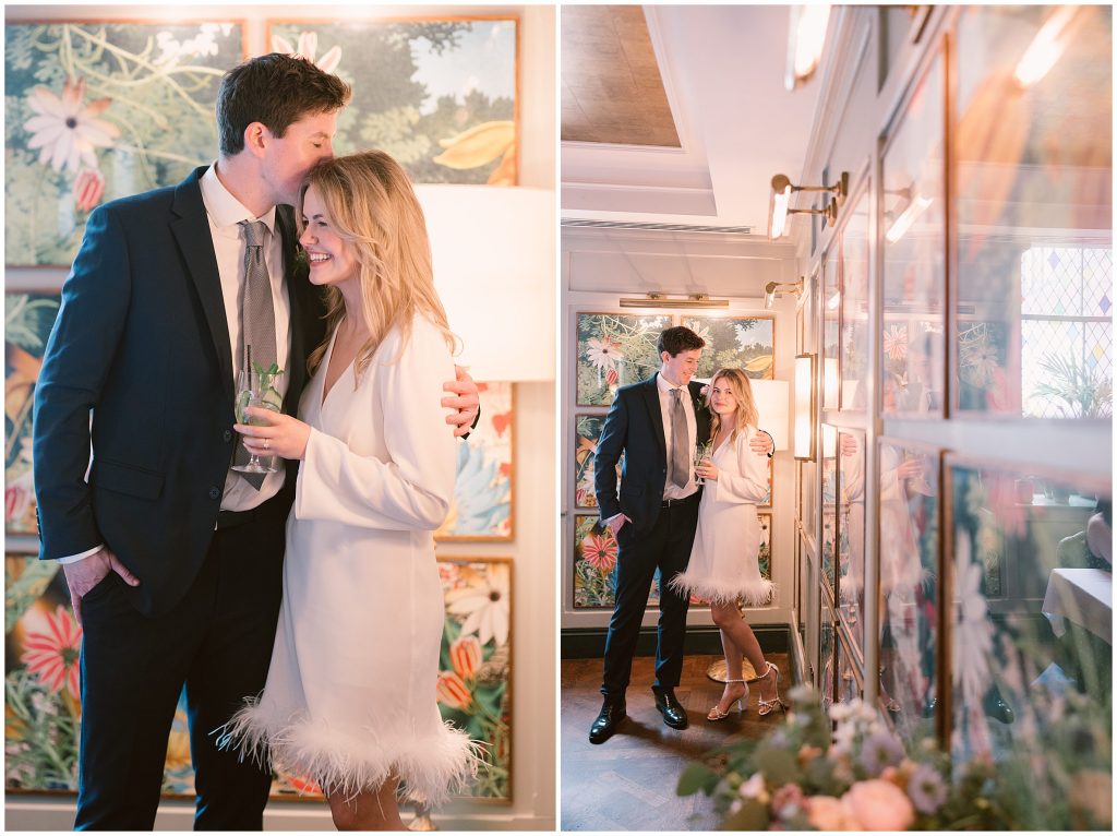 black and white photo of elegant Couple ate The Ivy Winchester Brasserie restaurant after  their Wedding at Winchester Registry Office