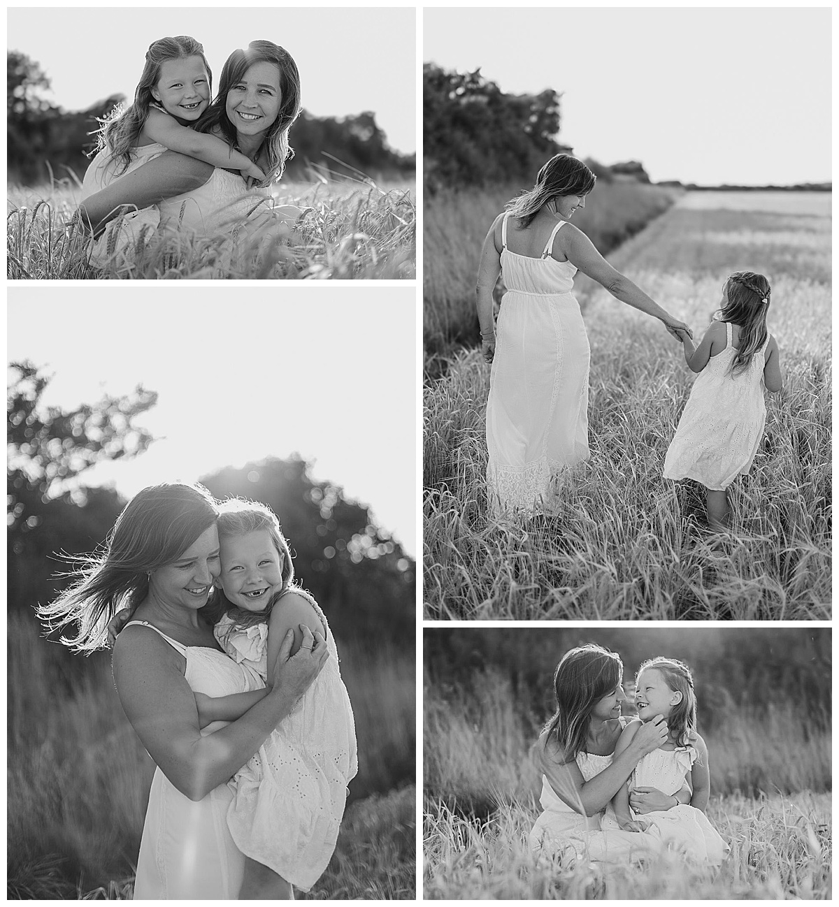Lucy & Eliie Black & white photo montage of mother and daughter smiling, walking and cuddling