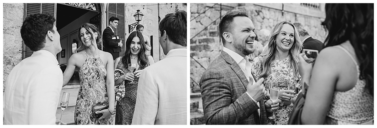 Black and white photos of guests chatting and laughing at a wedding | Wedding Regrets - advice from a Hampshire Wedding Photographer