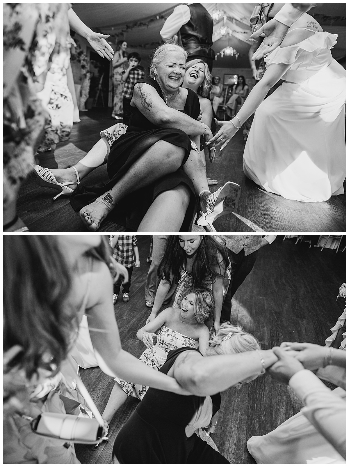 candid Black and white photos of dance floor mayhem at a wedding | Wedding Regrets - advice from a Hampshire Wedding Photographer