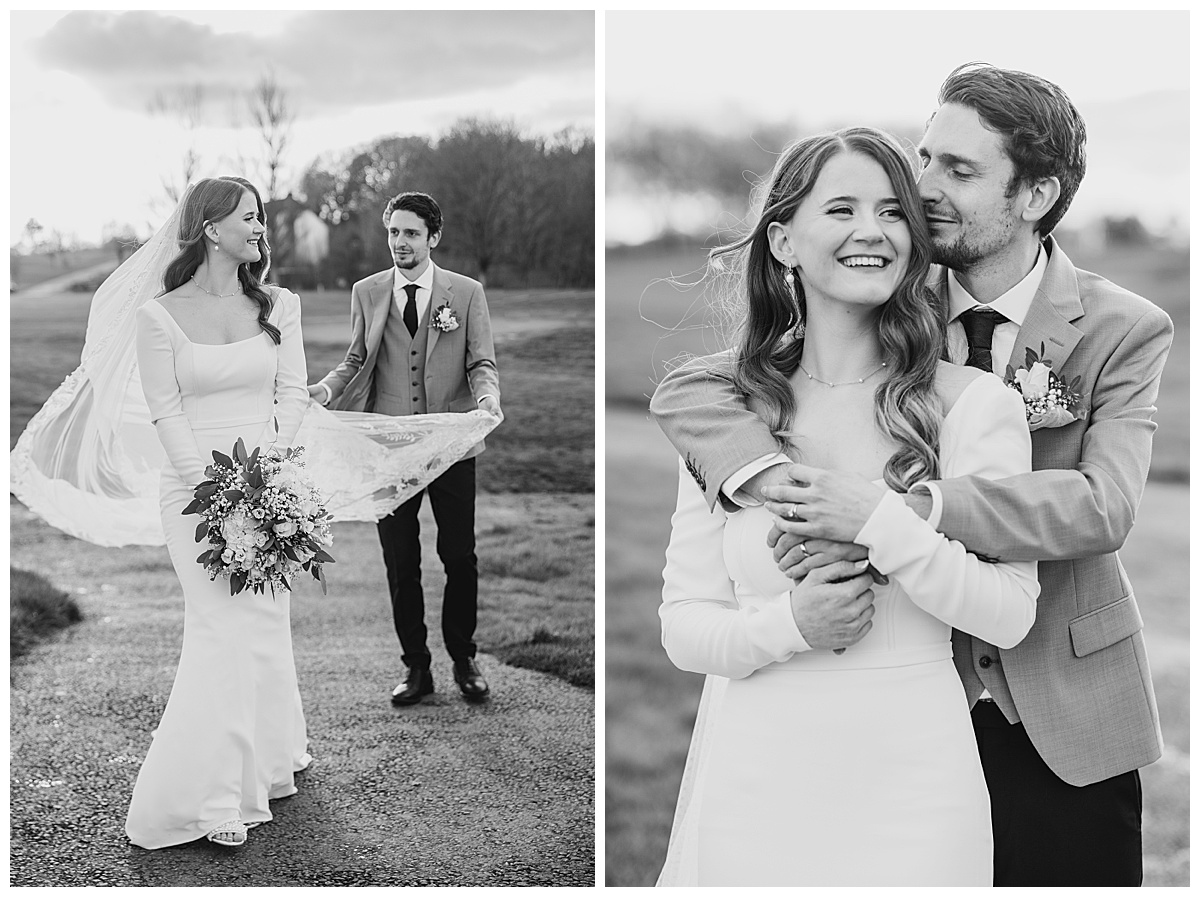 Black and white photos of bride and groom cuddling and groom holding the veil | Wedding Regrets - advice from a Hampshire Wedding Photographer