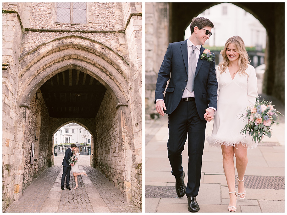 bride & groom walking together hand in hand in Winchester town centre | Wedding Regrets - advice from a Hampshire Wedding Photographer